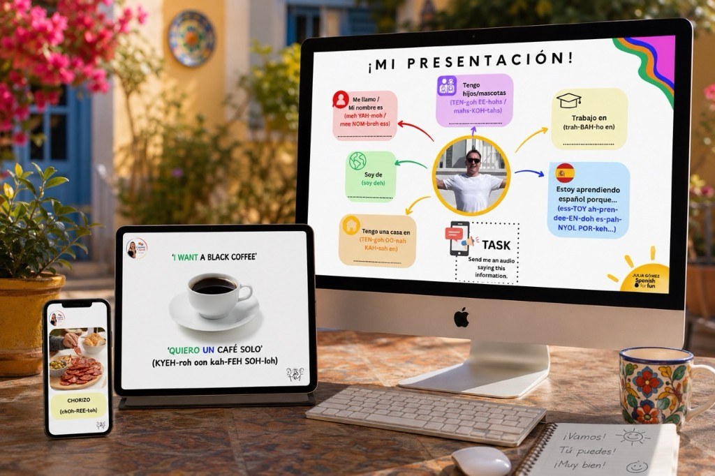 Programme materials open on a laptop, tablet, and phone