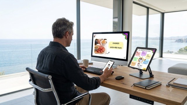Learning Spanish online at home with video lessons on computer, tablet, and phone