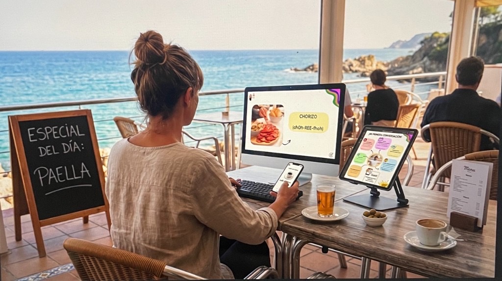 Learning Spanish at a seaside café with lessons open on laptop, tablet, and phone